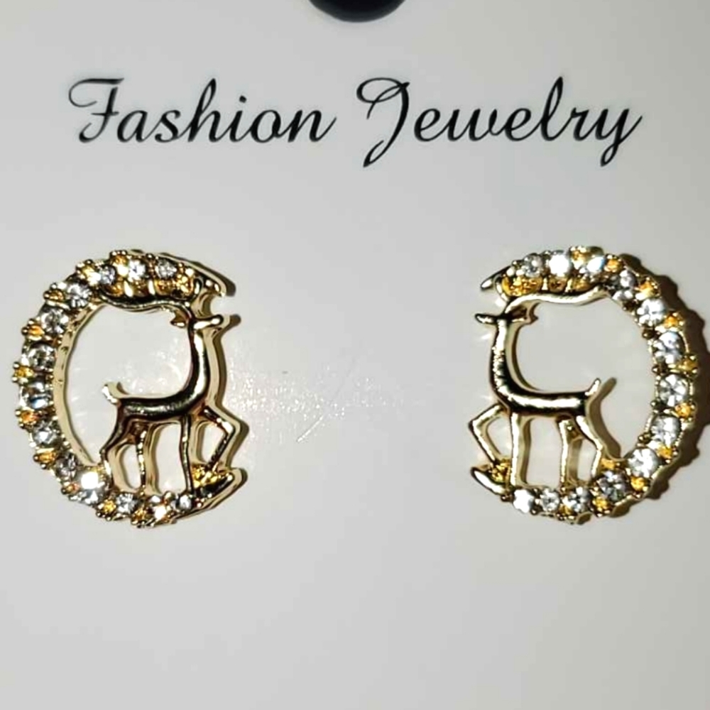 NWT Majestic Golden Buck Deer & Crystal Crescent Moon Post Pierced Stud Earrings